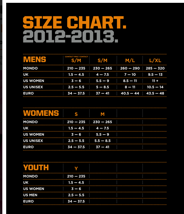 Womens Bindings Size Chart